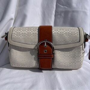 Vintage Coach Soho Pocket Jacquard Ivory Canvas Brown Leather Bag